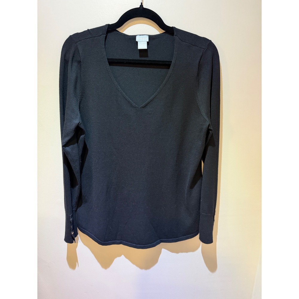 Chicos Black V-Neck Long Sleeve Sweater Button Cuff Knit Top Size 1 M